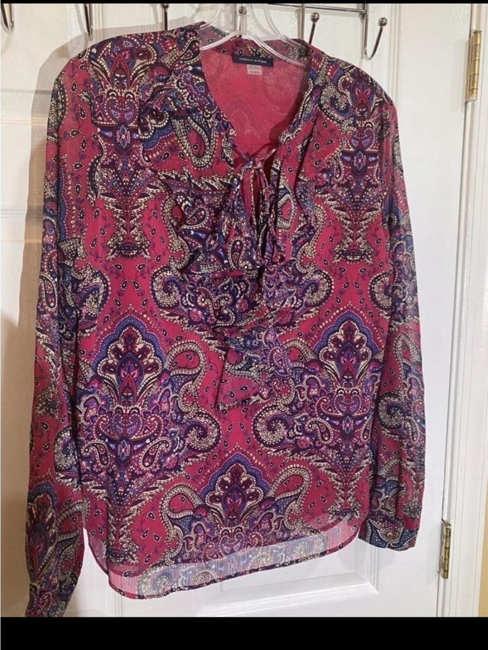 Tommy Hilfiger Women's Red & Blue Paisley Tie Neck Blouse Size M